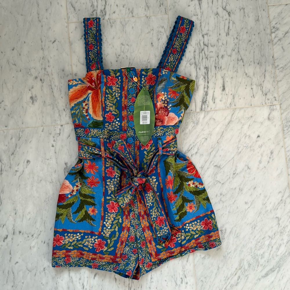 BNWT Farm Rio Stitched Garden Romper in Blue Size Small